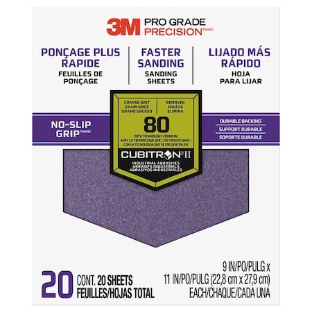3M 9" x 11" Pro Grade Precision No-Slip Grip Sanding Sheet 80-Grit, PK 20 27080 Tri-20